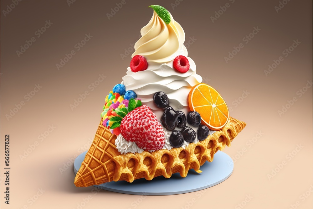  an ice cream sundae with fruit and berries on top of a blue plate on a beige background with a shadow of the sundae.  generative ai