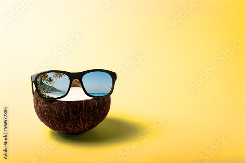 Summer composition on the theme of vacation. Funny coconut with sunglasses on a sunny yellow background. Reflection of palm trees and the ocean in the lenses of glasses. Copy space.