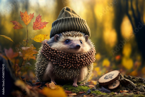 Cute hedgehog with hat and scarf in autumn landscape. Generative AI