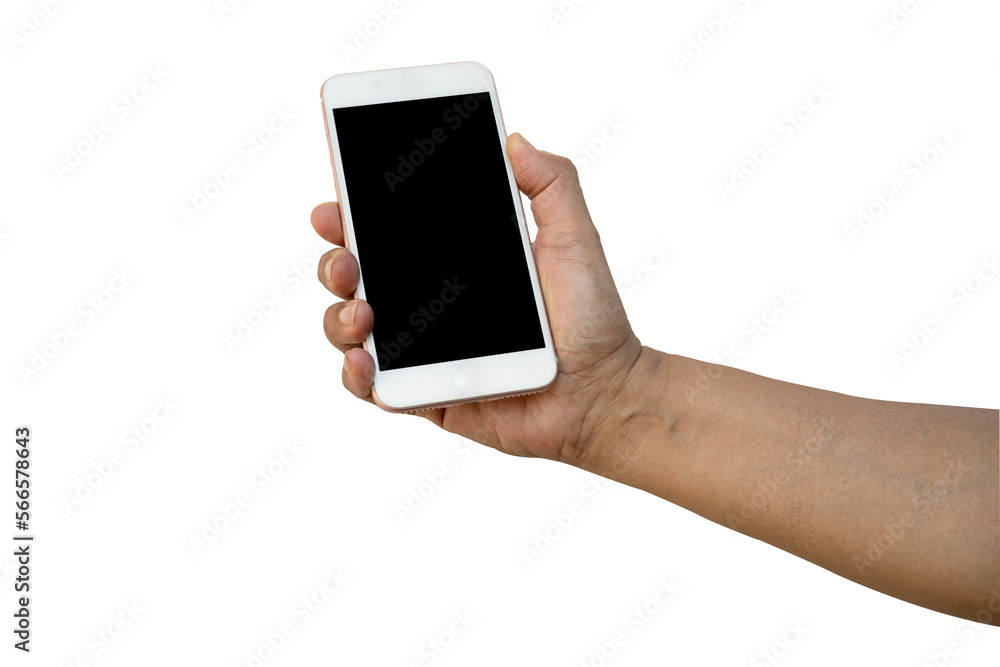 Asia woman hand holding mobile phone isolated on white background with clipping path.