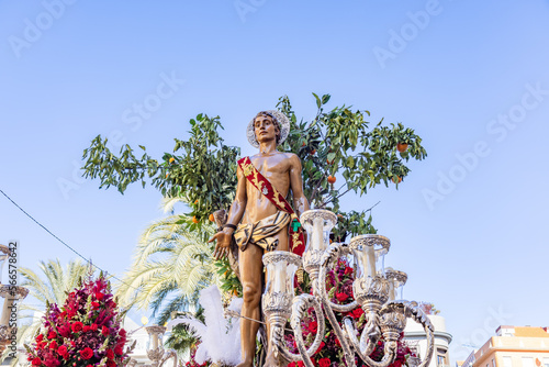 Throne or platform of the paso of Patron Saint Sebastian (San Sebastian)  in procession through the streets of the city of Huelva