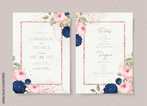 Wedding invitation template set with navy pink floral and leaves decoration