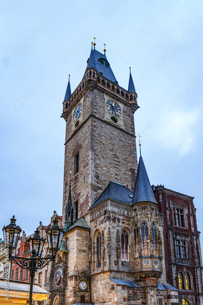 Town hall of prague city in czechia, europe, in the evening