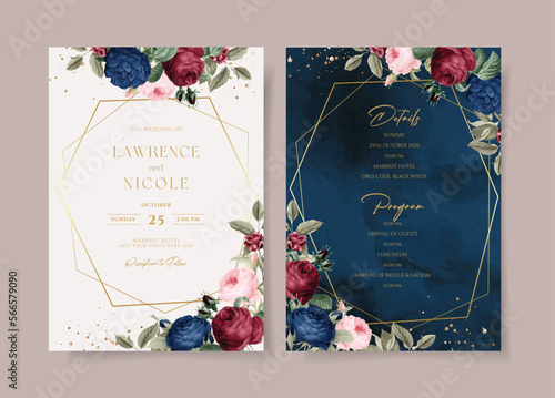 Watercolor wedding invitation template set with navy burgundy floral and leaves decoration