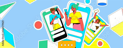 Virtual characters social communication concept business flat vector hand drawn illustration
