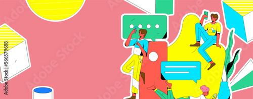 Virtual characters social communication concept business flat vector hand drawn illustration
