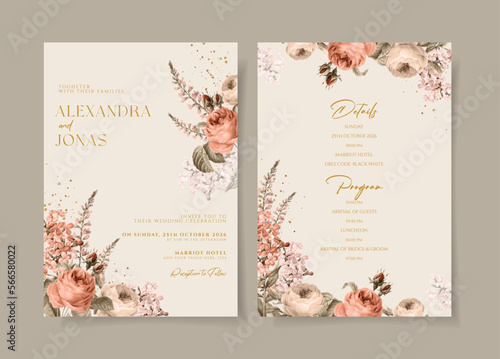 Wedding invitation template set with dried floral and leaves decoration