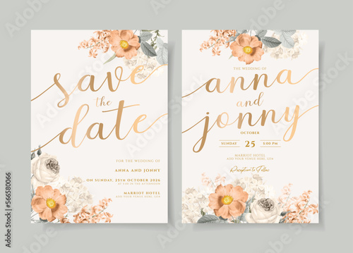 Elegant wedding invitation template set with floral and leaves decoration