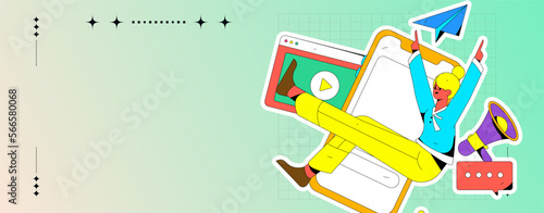 Virtual characters social communication concept business flat vector hand drawn illustration
