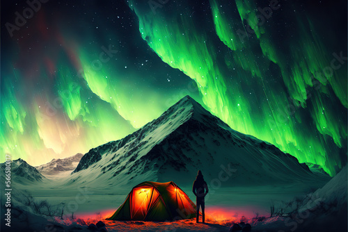 Mountain camping with man standing out of a tent. Northen polar lights  green color Aurora borealis on sky