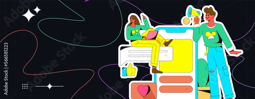 Virtual characters social communication concept business flat vector hand drawn illustration

