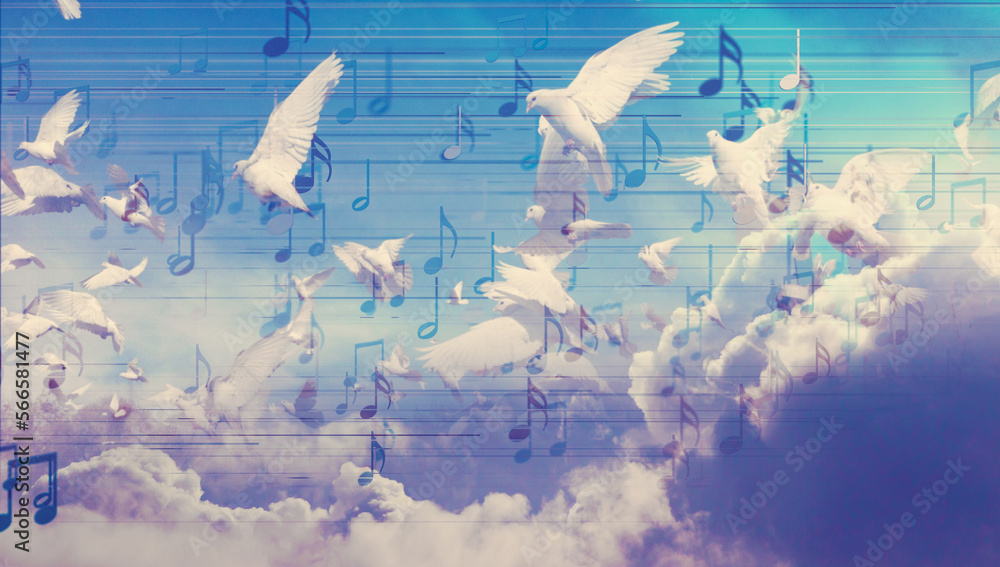 Diseño de fondo musical. Escritura musical. Fondo abstracto de palomas