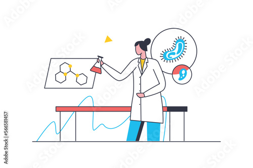 Science laboratory flat line concept. Woman making scientific research, studies viruses and molecules using flasks and lab equipment. Vector illustration with outline people scene for web design