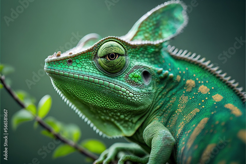 Green colored chameleon close up
