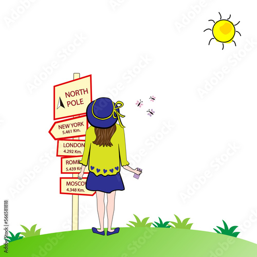 Mujer joven con teléfono móvil mirando carteles informativos en el campo con teléfono móvil en la mano.