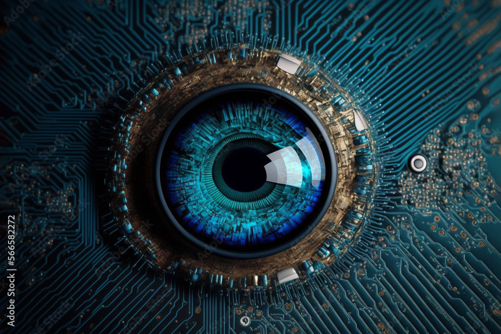 Blue bionic eye with microchip. Generative AI.