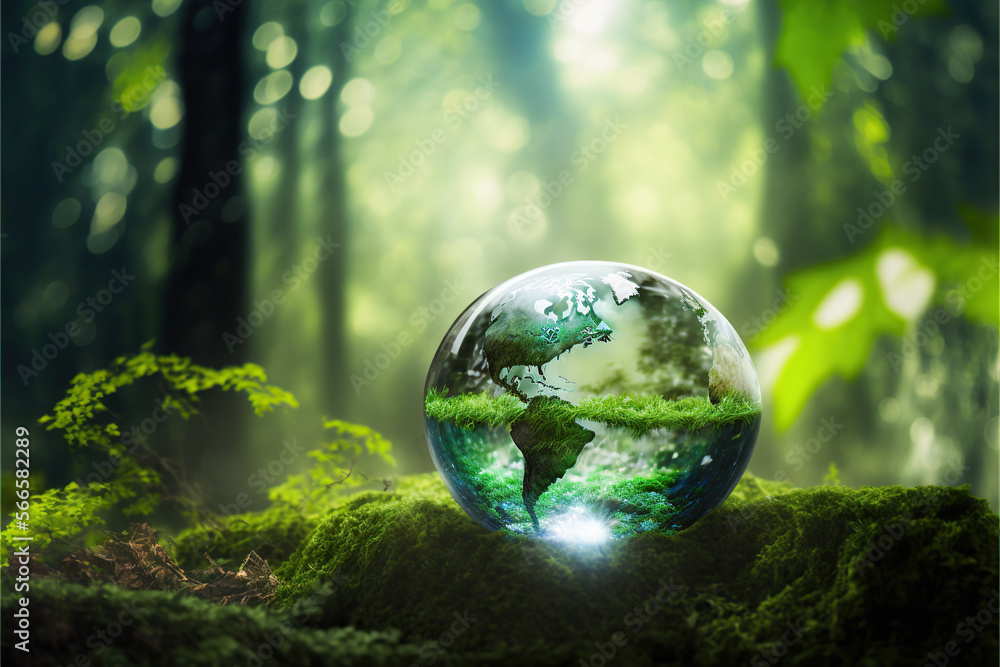 Crystal Earth globe on moss in a forest