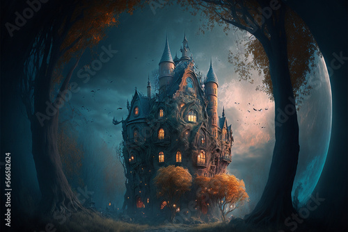 Haunted fantasy castle in a foggy Halloween night.Generative ai.