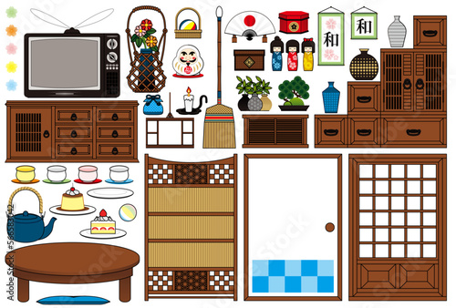 和室昭和レトロ装飾イラスト和風デザイン「和家具と和雑貨」（Japanese style room Showa retro decoration illustration Japanese style design "Japanese furniture and Japanese miscellaneous goods"）