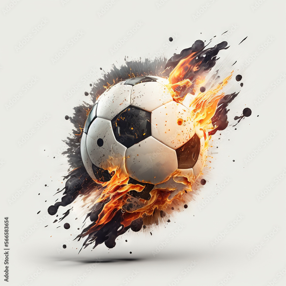 Flying Soccer Ball in Fire Trail on White Background, Isolated Football with Flames, Generative AI