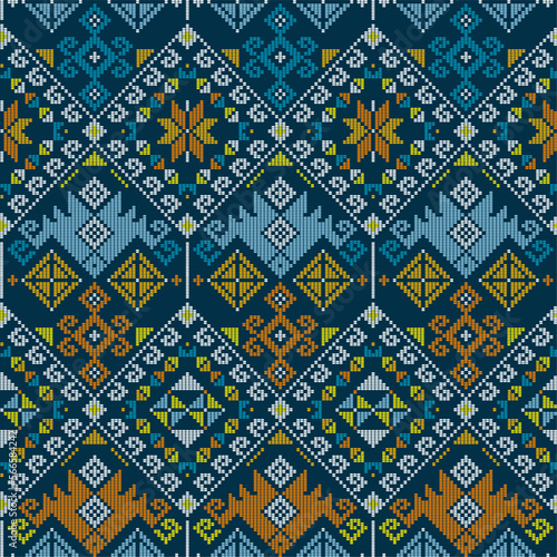 Yakan weaving inspired vector seamless geometric pattern - Filipino traditonal wallpaper, textile or fabric print design in navy blue, orange and yellow
 photo