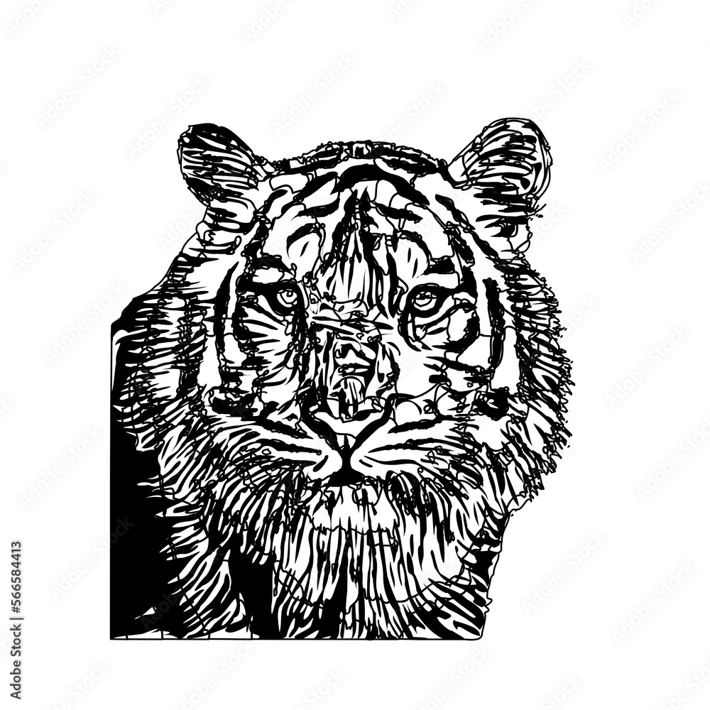Fototapeta premium Black and white sketch of a tiger with transparent background