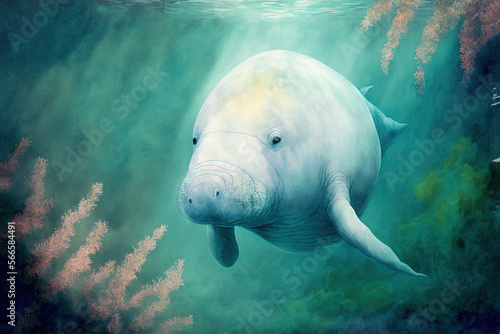Digital watercolor painting of a whale underwater. 4k Wallpaper, background © ArtSpree