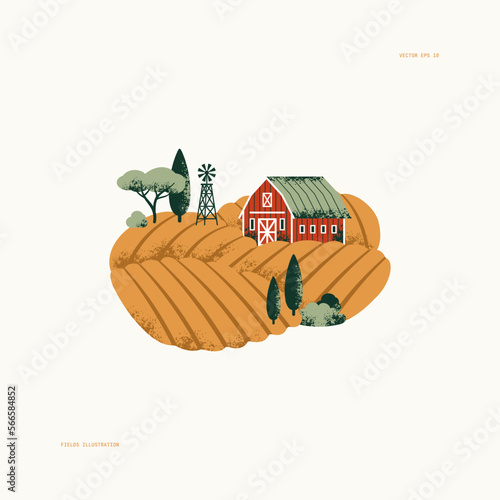 Rural landscape with a windmill and farm house. Wheat fields. Retro style textured illustration. Vector illustration
