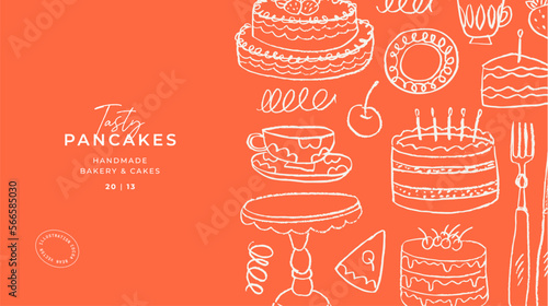 Doodle style bakery horizontal design template. Layer cake with fork and cup. 