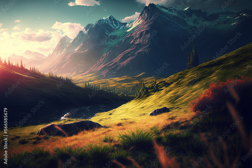 Landscape, mountains, sunshine, grass. Generative AI.
