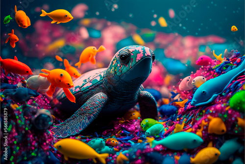 turtle under the sea in colorful pollution 