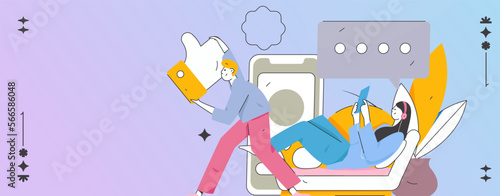 Virtual characters social communication concept business flat vector hand drawn illustration

