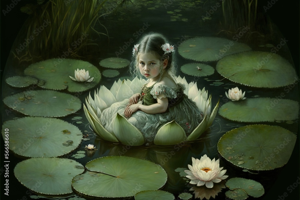 a painting of a little girl sitting on a lily pad in a pond of water ...