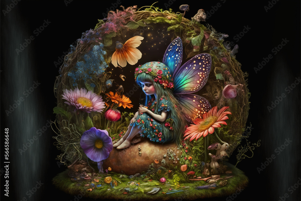  a painting of a fairy sitting on a rock with flowers and butterflies around her and a butterfly on her back, with a black background.  generative ai