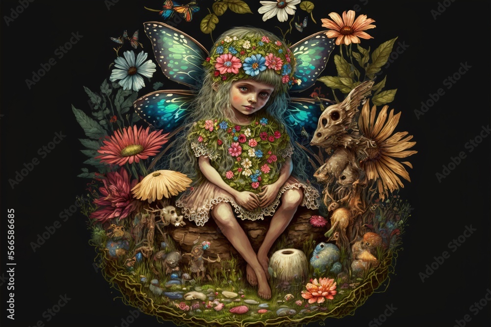  a painting of a fairy sitting on a mushroom with flowers and mushrooms around her, and a rabbit in front of her, on a black background.  generative ai