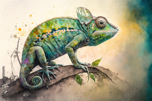 Digital watercolor painting of a chameleon. 4k Wallpaper, background