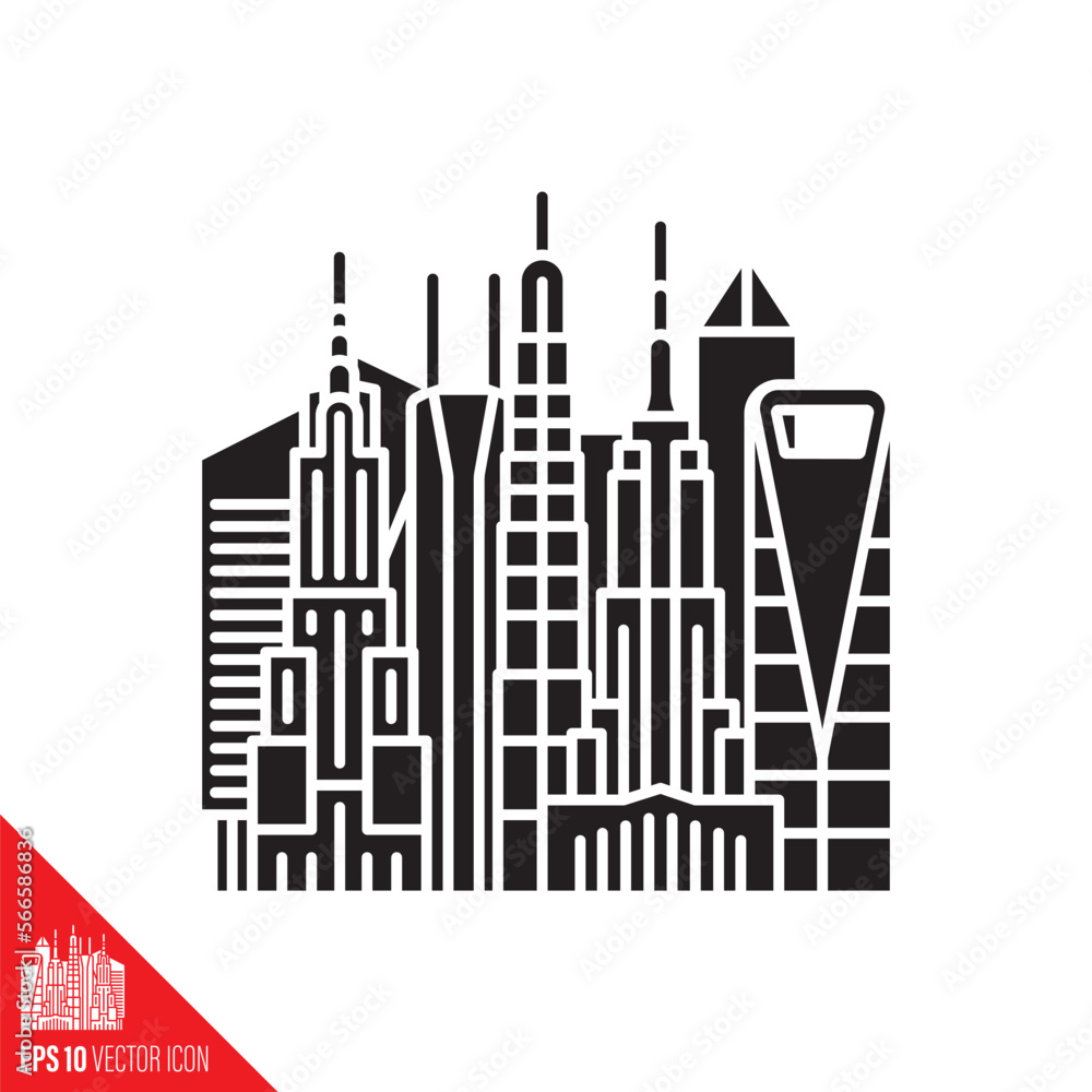 Downtown district with skyscrapers vector glyph icon
