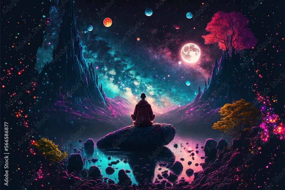 A monk sits on top of a mountain in magical night. Generative Ai. - obrazy, fototapety, plakaty 