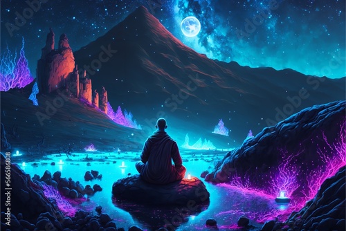 A monk sits on top of a mountain in magical night. Generative Ai.