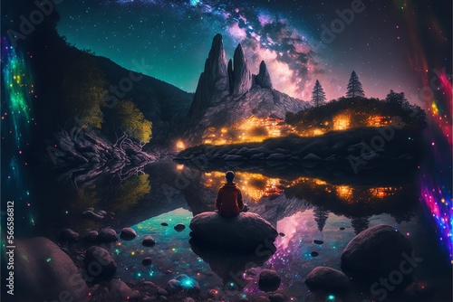 Wallpaper Mural A monk sits on top of a mountain in magical night. Generative Ai.