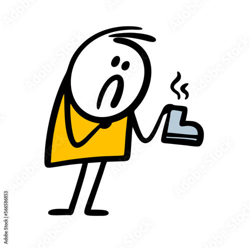 Doodle confused man holds a shoe with an unpleasant smell in his hand. V