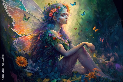 Fotografie, Tablou a painting of a fairy sitting on the ground surrounded by flowers and butterflies, with a butterfly in her hair and a butterfly in her hand