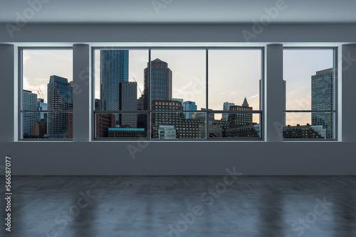 Panoramic picturesque city view of Boston at sunset time from modern empty room interior, Massachusetts. An intellectual, technological and political center. 3d rendering.