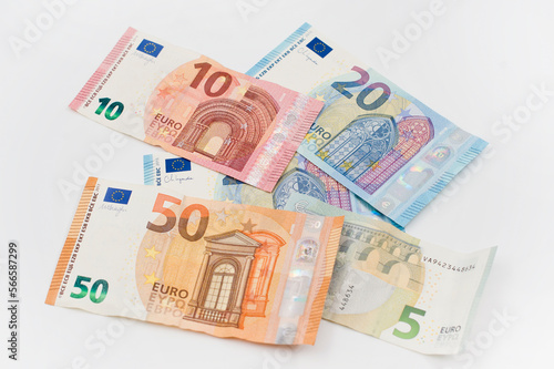 Euro banknotes of different values. Euro cash background. closeup view. Salary, savings, European union economic crisis concept.
