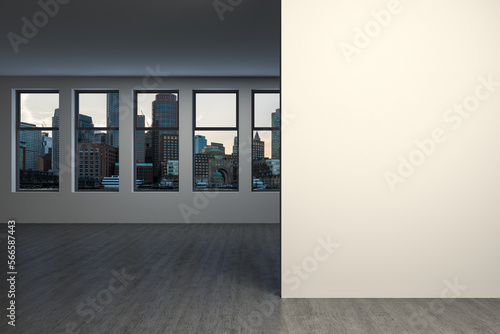 Panoramic picturesque city view of Boston at sunset from modern empty room, Massachusetts. An intellectual and political center. Mockup copy space empty wall. Display concept. 3d rendering.