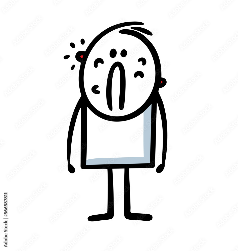 Doodle hand drawn frustrated teenager with pimples on his face stands sadly. Doodle hand drawn frustrated teenager with pimples on his face stands sadly.