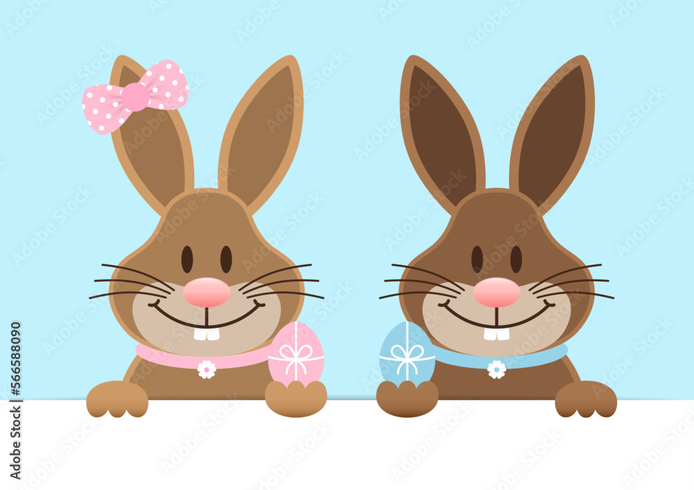 Fototapeta premium Osterhasen Mädchen & Junge Groß Ostereier Banner Horizontal Himmel