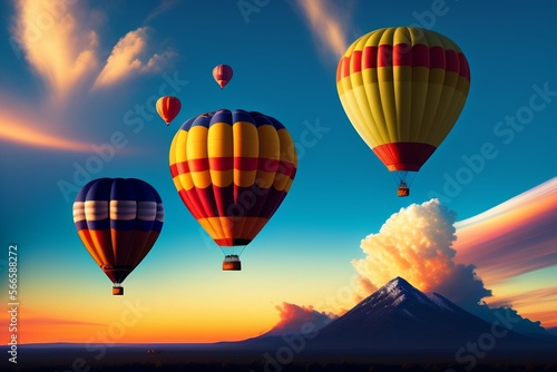 Group of hot air balloons flying together above the mountains