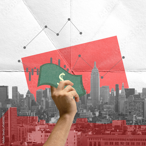 Contemporary art collage. Conceptual design. Human hand holding paper money over big city view. International business. Concept of financial market, money, business, trade market, strategy