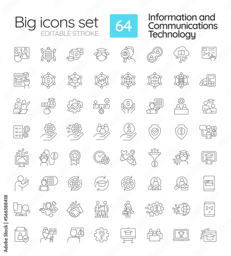 Information and communications technology linear icons set. Big data processing. ICT integration. Customizable thin line symbols. Isolated vector outline illustrations. Editable stroke